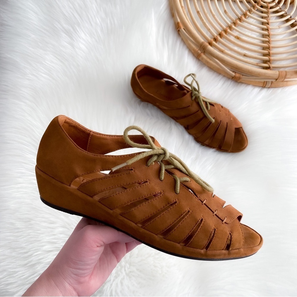 L'Amour Des Pieds Bellina Brown Coffee Nubuck Wedge Snadals Lace Up 10